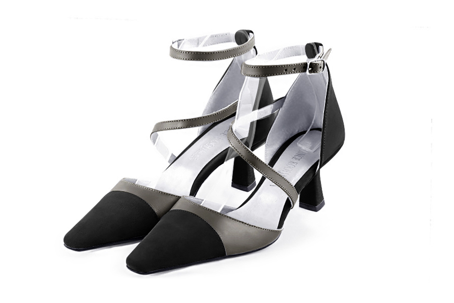 Matt black and taupe brown women's open side shoes, with snake-shaped straps. Tapered toe. Medium spool heels. Front view - Florence KOOIJMAN